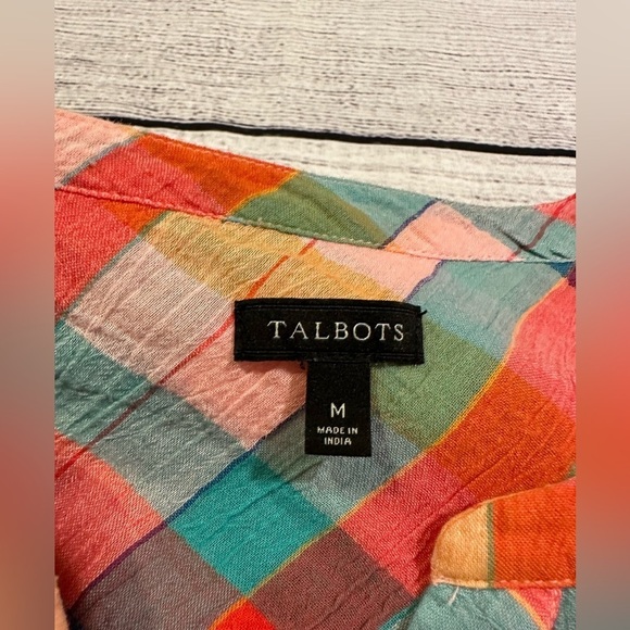 Talbots Gauzy Colorful Check Plaid Blouse Button Up Long Tab Sleeve Size Medium - Picture 3 of 8